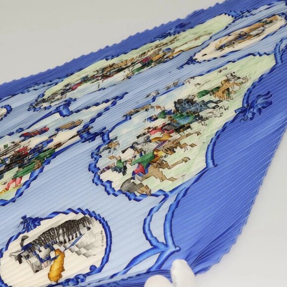 HERMES Pleated Carre 90 Scarf ""LES CHEVAUX DES MOGHOLS"" Silk Blue Auth 135502 - Picture 6 of 16